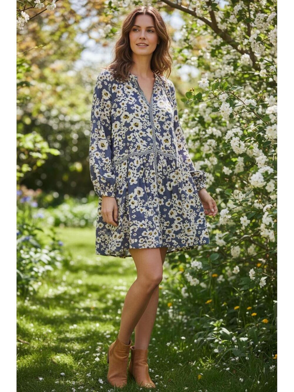 Free People Rain Combo Floral Long Sleeve Mini Dress